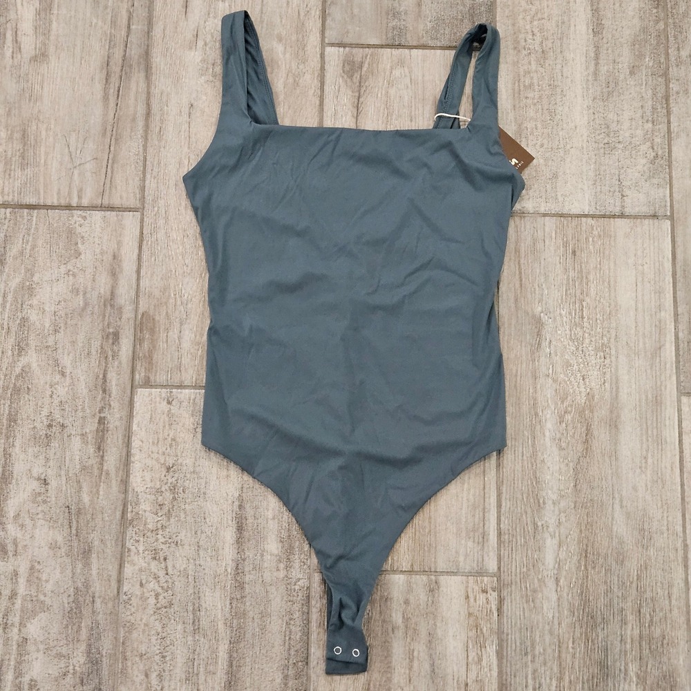 INLYRIC Bodysuit Womens Size S Square Neck Thong Midnight Emerald‎ Stretch Snap